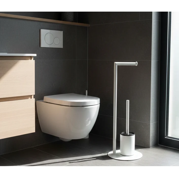 Set suport hartie igienica, suport perie de toaleta si perie de toaleta, din inox, Alb, 21 x 60 cm [4]