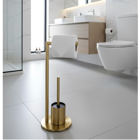 Set suport hartie igienica, suport perie de toaleta si perie de toaleta, din inox, Auriu, 21 x 60 cm [1]