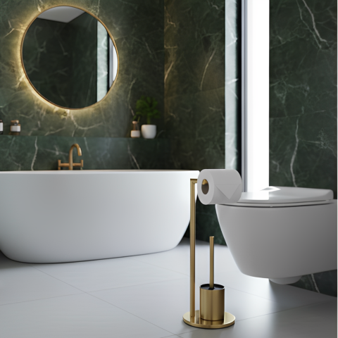 Set suport hartie igienica, suport perie de toaleta si perie de toaleta, din inox, Auriu, 21 x 60 cm [4]