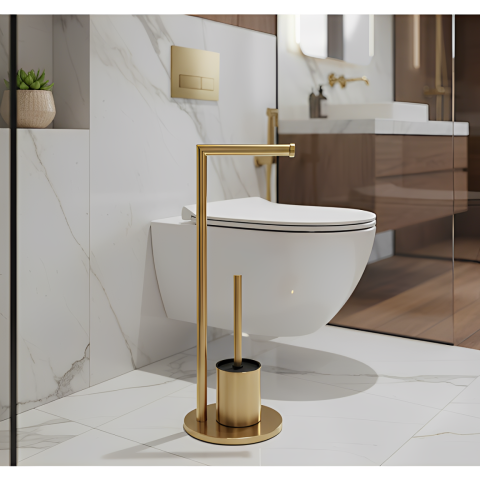 Set suport hartie igienica, suport perie de toaleta si perie de toaleta, din inox, Auriu, 21 x 60 cm