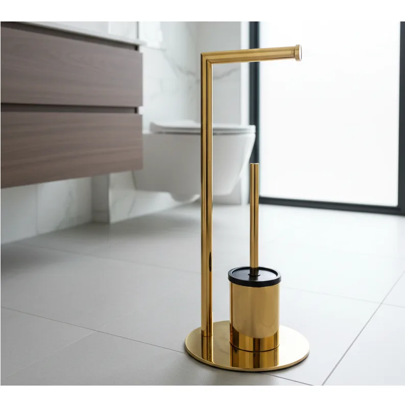 Set suport hartie igienica, suport perie de toaleta si perie de toaleta, din inox, Auriu intens, 21 x 60 cm