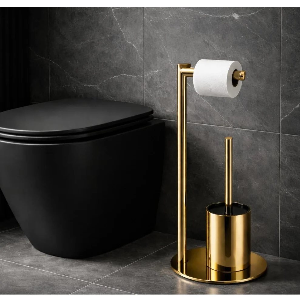 Set suport hartie igienica, suport perie de toaleta si perie de toaleta, din inox, Auriu intens, 21 x 60 cm [5]