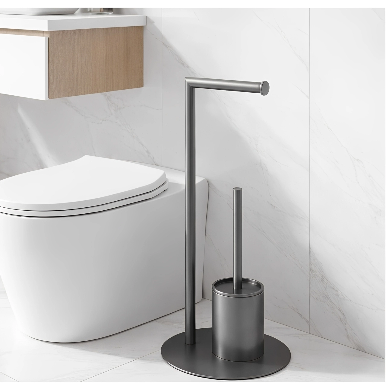 Set suport hartie igienica, suport perie de toaleta si perie de toaleta, din inox, Gri, 21 x 60 cm