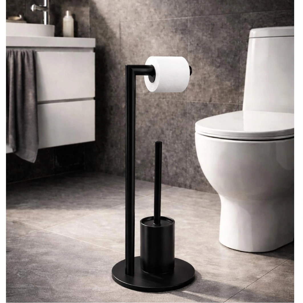 Set suport hartie igienica, suport perie de toaleta si perie de toaleta, din inox, Negru, 21 x 60 cm [1]