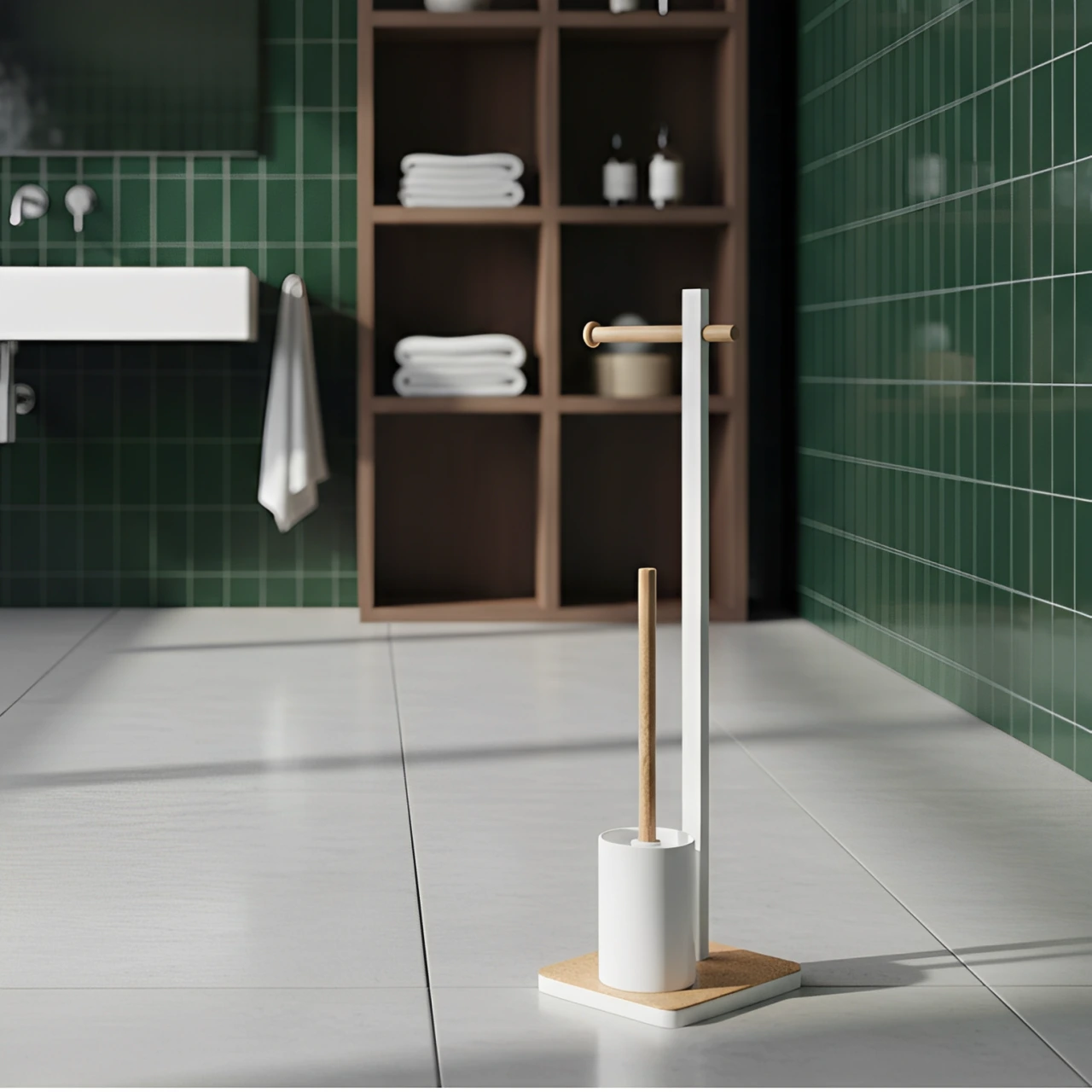 Set suport pentru hartie igienica, suport perie de toaleta si perie de toaleta, metal si bambus, Alb/Maro, 22 x 18 x 75 cm [4]