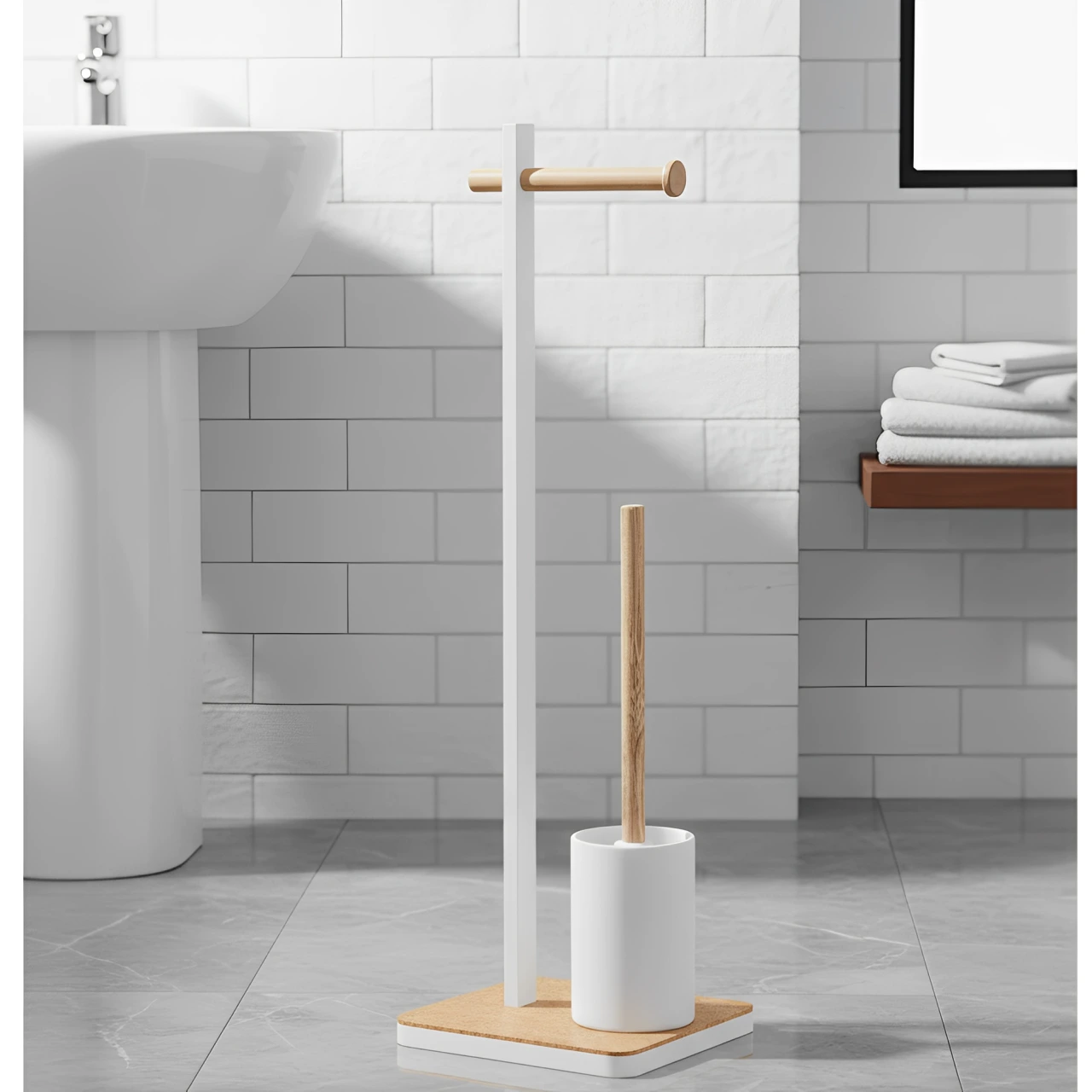 Set suport pentru hartie igienica, suport perie de toaleta si perie de toaleta, metal si bambus, Alb/Maro, 22 x 18 x 75 cm