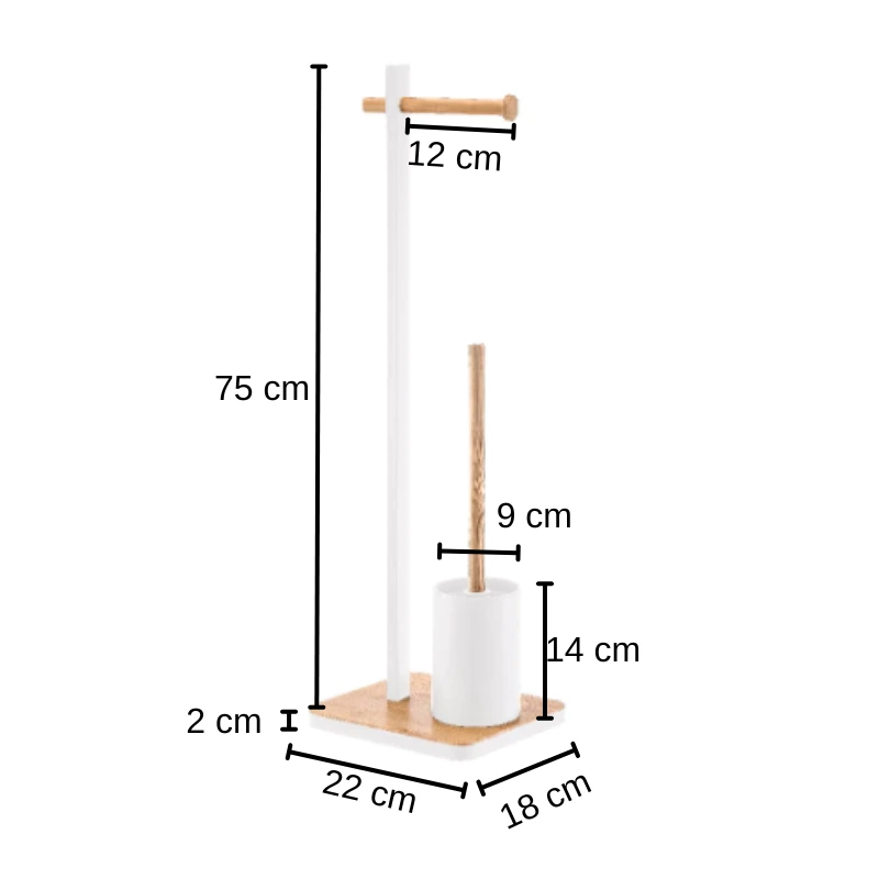Set suport pentru hartie igienica, suport perie de toaleta si perie de toaleta, metal si bambus, Alb/Maro, 22 x 18 x 75 cm [2]