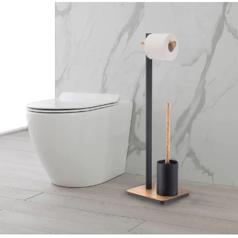 Set suport pentru hartie igienica, suport perie de toaleta si perie de toaleta, metal si bambus, Negru/Maro, 22 x 18 x 75 cm [4]