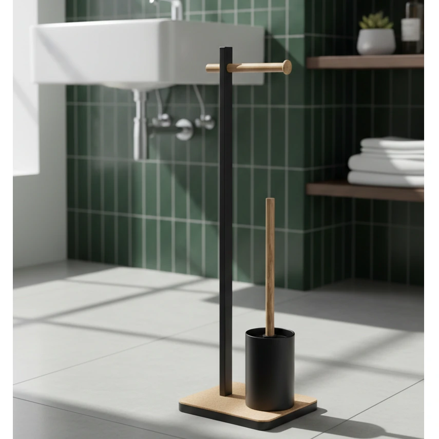Set suport pentru hartie igienica, suport perie de toaleta si perie de toaleta, metal si bambus, Negru/Maro, 22 x 18 x 75 cm [3]