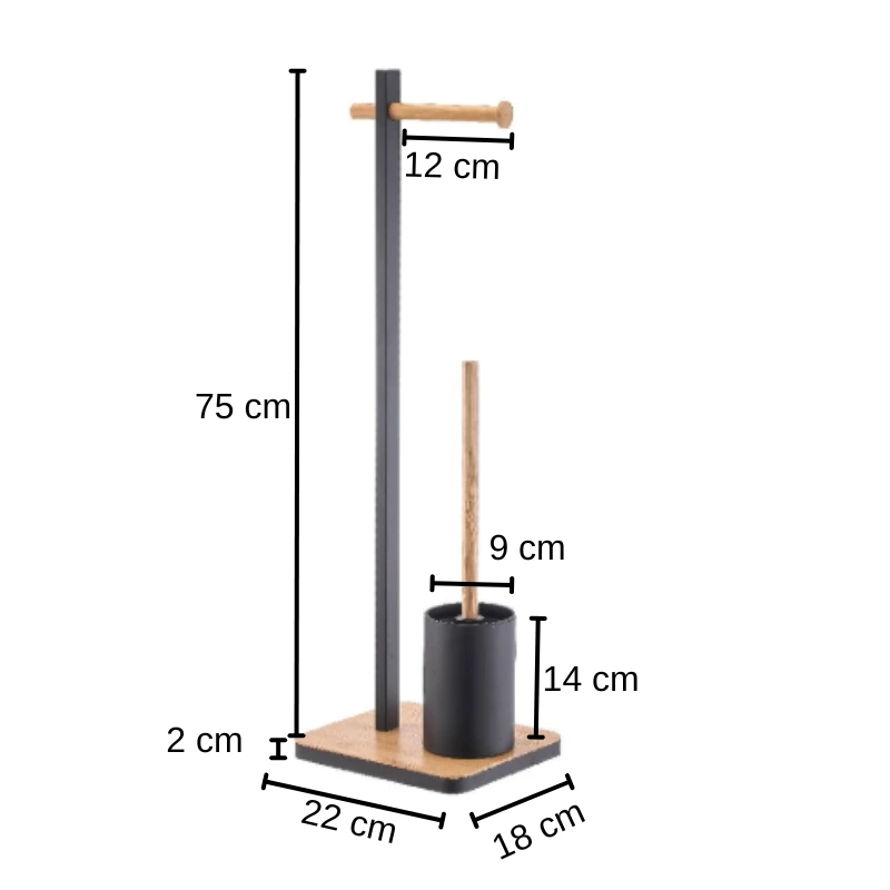 Set suport pentru hartie igienica, suport perie de toaleta si perie de toaleta, metal si bambus, Negru/Maro, 22 x 18 x 75 cm [2]