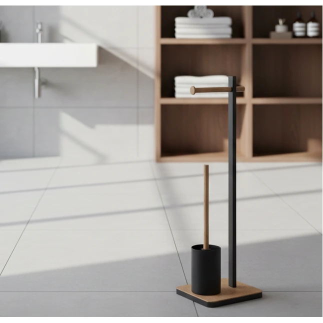 Baie - Set suport pentru hartie igienica, suport perie de toaleta si perie de toaleta, metal si bambus, Negru/Maro, 22 x 18 x 75 cm