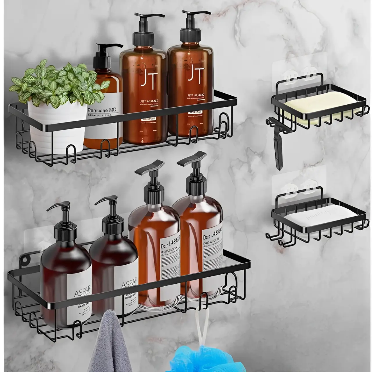 Baie - Set suporturi metalice, organizatoare, de perete, etajere depozitare, Negru, 4 buc