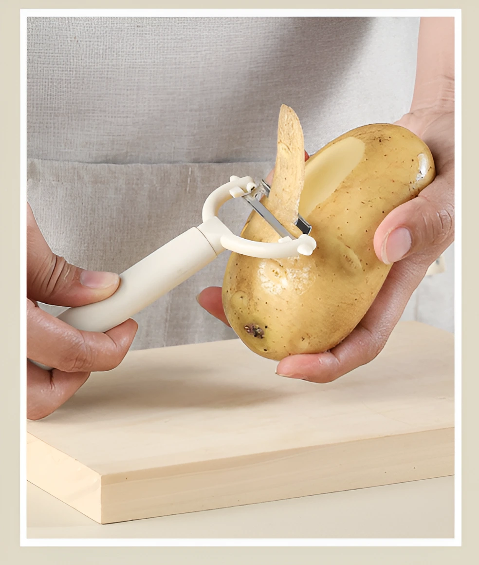 Set ustensile de bucatarie, cutit, foarfeca, desfacator, decojitor, suport ustensile, Crem , 5 piese [3]