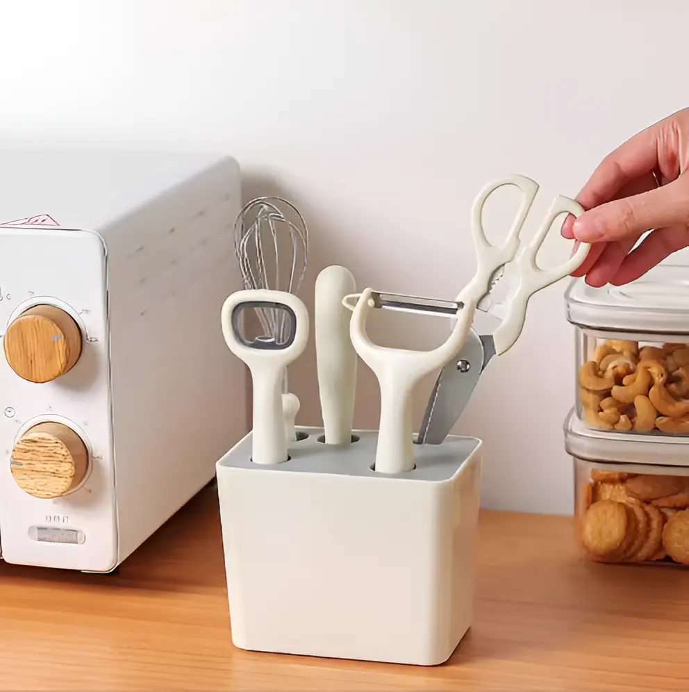 Ustensile - Set ustensile de bucatarie, cutit, foarfeca, desfacator, decojitor, tel, suport ustensile, Crem , 6 piese