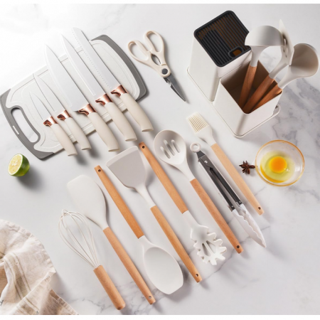 Set ustensile de bucatarie, din silicon, include ustensile, cutite, foarfeca, tocator, suport, Alb, 19 piese [4]