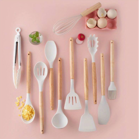 Set ustensile de bucatarie, din silicon, include ustensile, cutite, foarfeca, tocator, suport, Alb, 19 piese [2]