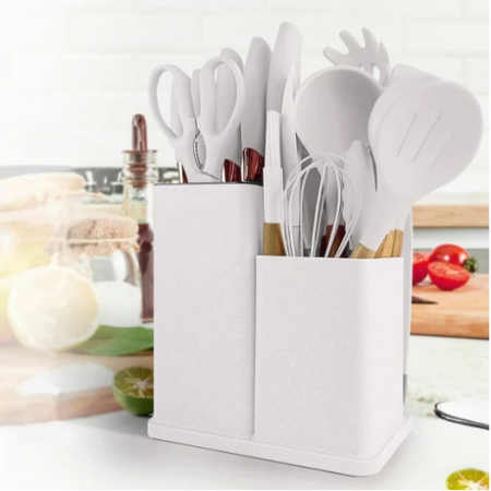 Set ustensile de bucatarie, din silicon, include ustensile, cutite, foarfeca, tocator, suport, Alb, 19 piese [1]