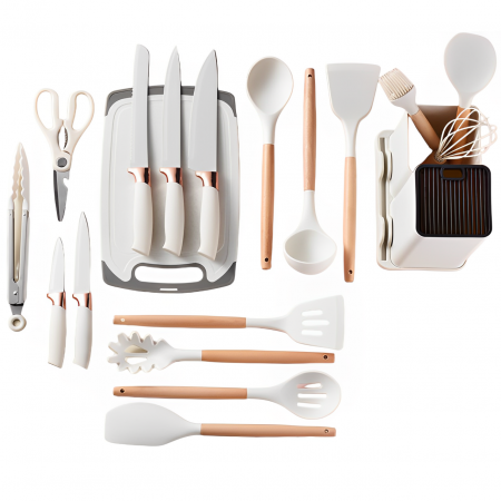 Ustensile - Set ustensile de bucatarie, din silicon, include ustensile, cutite, foarfeca, tocator, suport, Alb, 19 piese