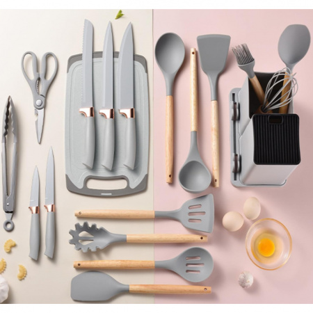 Set ustensile de bucatarie, din silicon, include ustensile, cutite, foarfeca, tocator, suport, Gri, 19 piese [4]