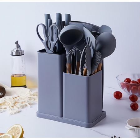Set ustensile de bucatarie, din silicon, include ustensile, cutite, foarfeca, tocator, suport, Gri, 19 piese [5]