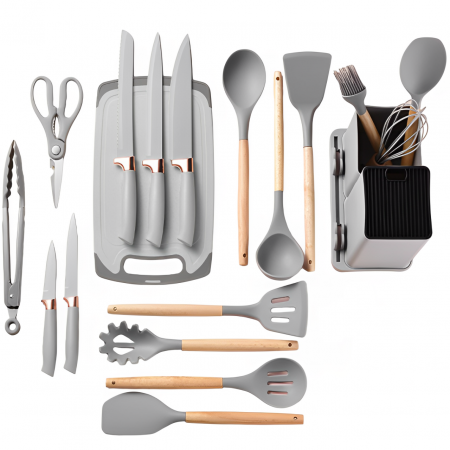 Ustensile - Set ustensile de bucatarie, din silicon, include ustensile, cutite, foarfeca, tocator, suport, Gri, 19 piese