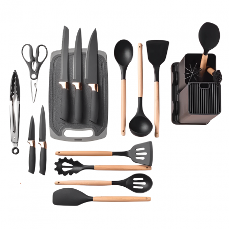 Ustensile - Set ustensile de bucatarie, din silicon, include ustensile, cutite, foarfeca, tocator, suport, Negru, 19 piese