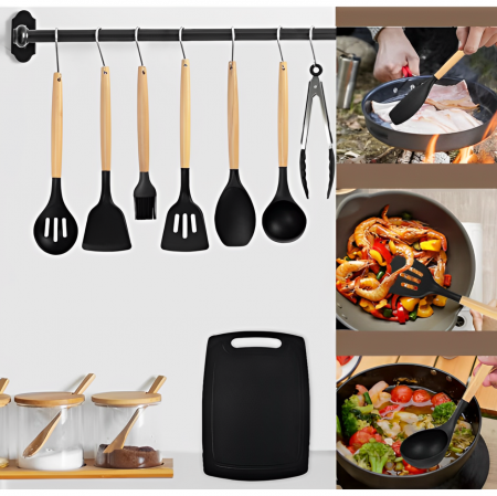 Set ustensile de bucatarie, din silicon, include ustensile, cutite, foarfeca, tocator, suport, Negru, 19 piese [1]