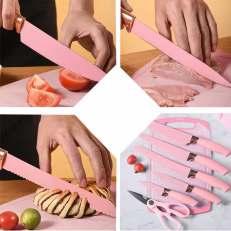 Set ustensile de bucatarie, din silicon, include ustensile, cutite, foarfeca, tocator, suport, Roz, 19 piese [4]