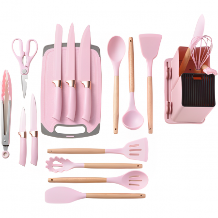 Ustensile - Set ustensile de bucatarie, din silicon, include ustensile, cutite, foarfeca, tocator, suport, Roz, 19 piese