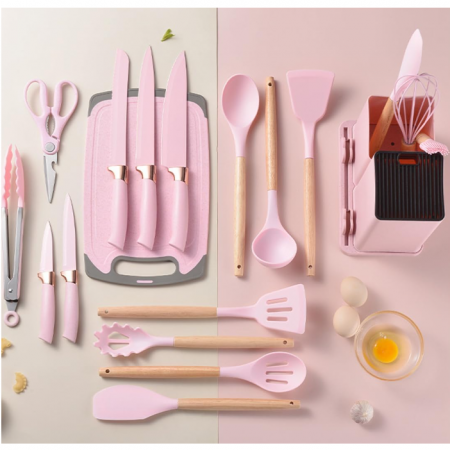Set ustensile de bucatarie, din silicon, include ustensile, cutite, foarfeca, tocator, suport, Roz, 19 piese [5]