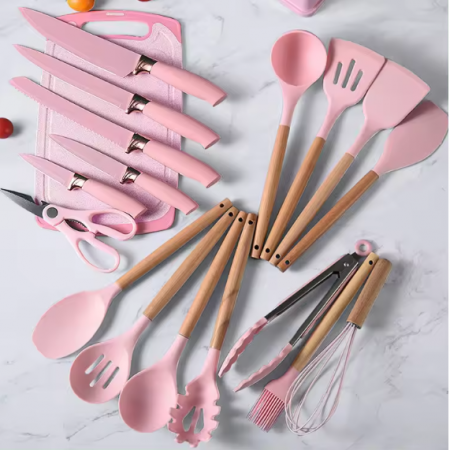 Set ustensile de bucatarie, din silicon, include ustensile, cutite, foarfeca, tocator, suport, Roz, 19 piese [2]