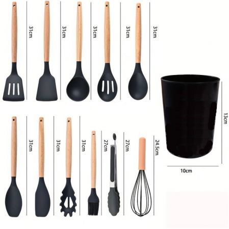 Set ustensile de bucatarie, din silicon, include ustensile, suport, Negru, 12 piese [5]