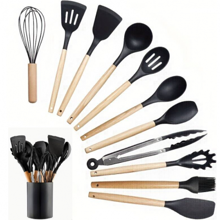 Ustensile - Set ustensile de bucatarie, din silicon, include ustensile, suport, Negru, 12 piese