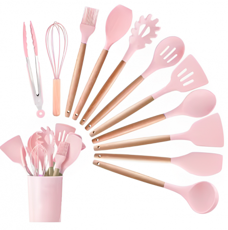 Ustensile - Set ustensile de bucatarie, din silicon, include ustensile, suport, Roz, 12 piese