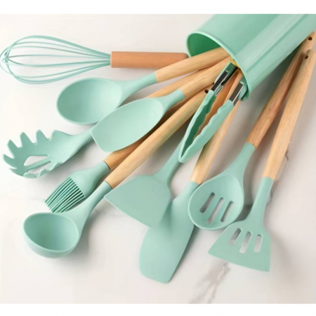 Set ustensile de bucatarie, din silicon, include ustensile, suport, Verde, 12 piese [1]