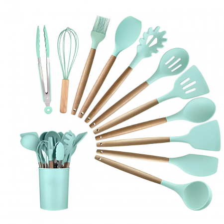 Ustensile - Set ustensile de bucatarie, din silicon, include ustensile, suport, Verde, 12 piese