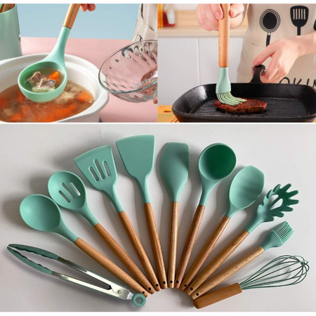 Set ustensile de bucatarie, din silicon, include ustensile, suport, Verde, 12 piese [5]