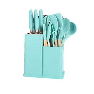 Set ustensile de bucatarie din silicon, tocator, cutite, ustensile, suport, Turcoaz, 19 piese [0]