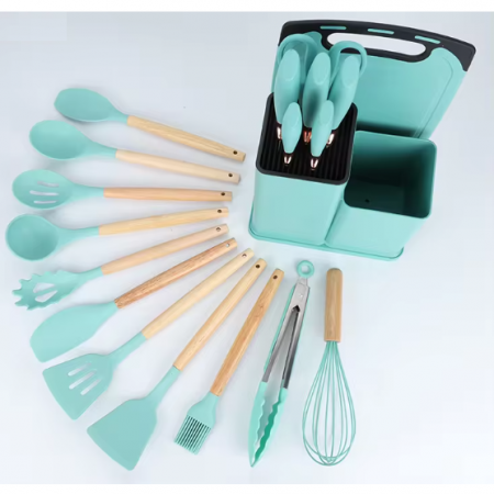 Set ustensile de bucatarie din silicon, tocator, cutite, ustensile, suport, Turcoaz, 19 piese [1]