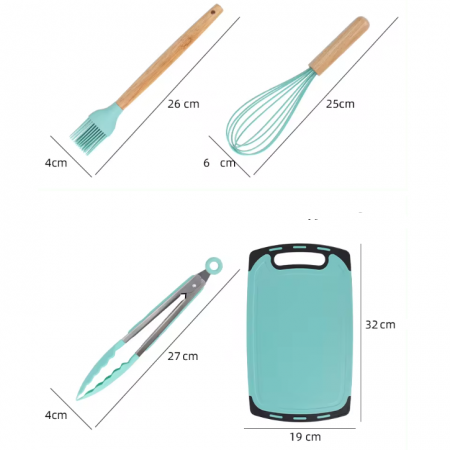 Set ustensile de bucatarie din silicon, tocator, cutite, ustensile, suport, Turcoaz, 19 piese [7]