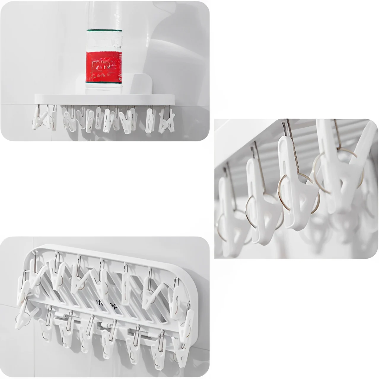 Suport autoadeziv, din plastic, pliabil, 17 clesti, Alb, 36 x 15 x 14.5 cm [3]