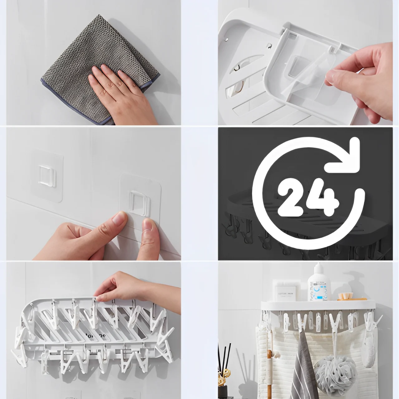 Suport autoadeziv, din plastic, pliabil, 17 clesti, Alb, 36 x 15 x 14.5 cm [4]