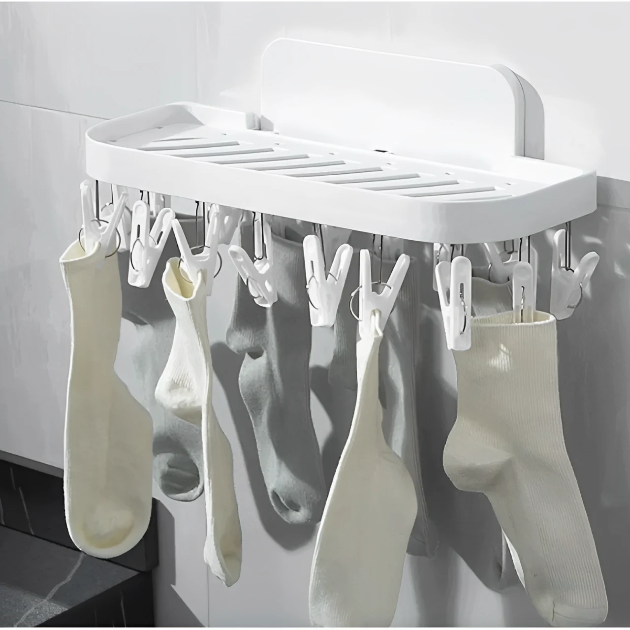 Uscatoare rufe - Suport autoadeziv, din plastic, pliabil, 17 clesti, Alb, 36 x 15 x 14.5 cm