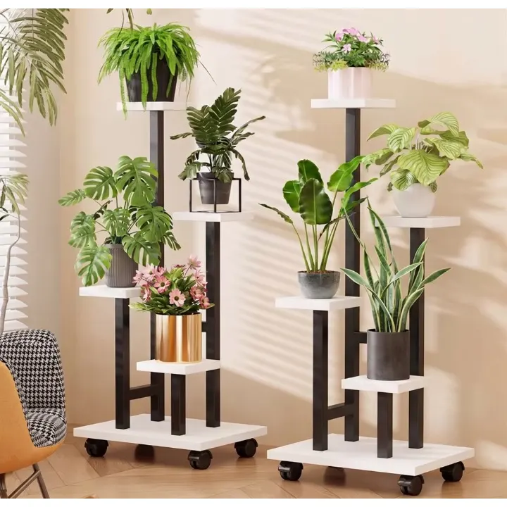 Suport decorativ pentru ghivece, cu roti, polite din MDF, structura metalica, Alb/Negru, 34.5 x 23 x 86 cm [1]