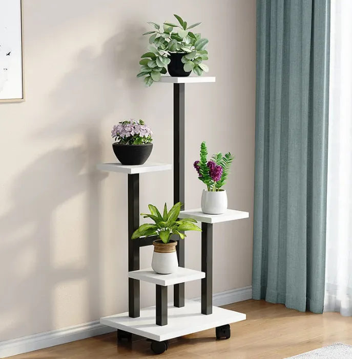 Depozitare si organizare - Suport decorativ pentru ghivece, cu roti, polite din MDF, structura metalica, Alb/Negru, 34.5 x 23 x 86 cm