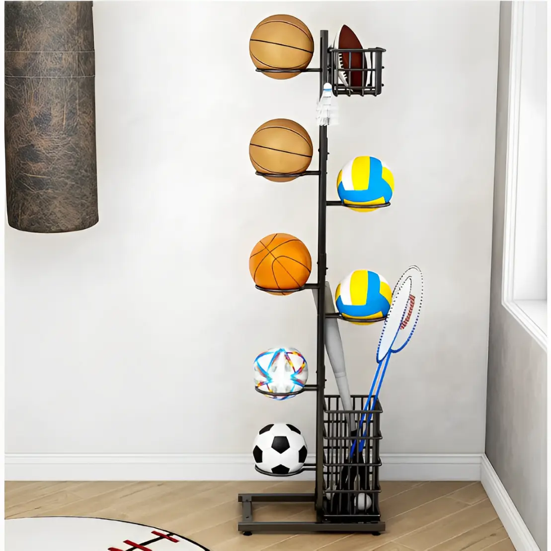 Suport metalic, 7 spatii pentru mingi, 2 cosuri, 2 carlige, organizator jucarii, palete si fluturasi badminton, negru, 40 x 19 x 155 cm [2]