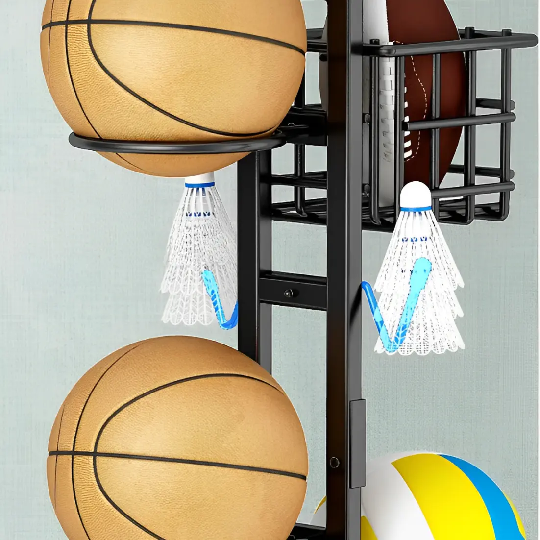 Suport metalic, 7 spatii pentru mingi, 2 cosuri, 2 carlige, organizator jucarii, palete si fluturasi badminton, negru, 40 x 19 x 155 cm [4]