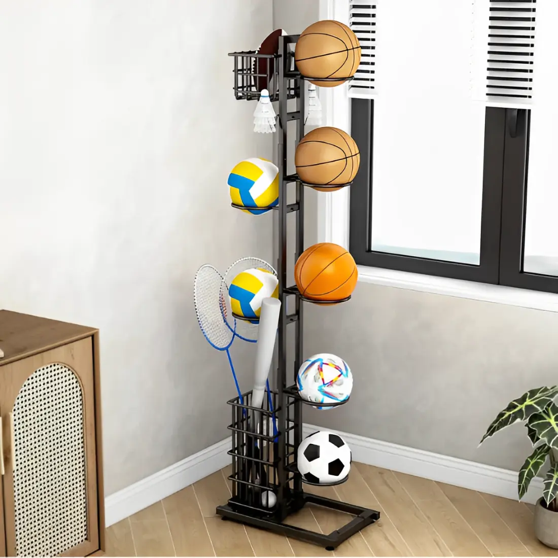 Suport metalic, 7 spatii pentru mingi, 2 cosuri, 2 carlige, organizator jucarii, palete si fluturasi badminton, negru, 40 x 19 x 155 cm [0]