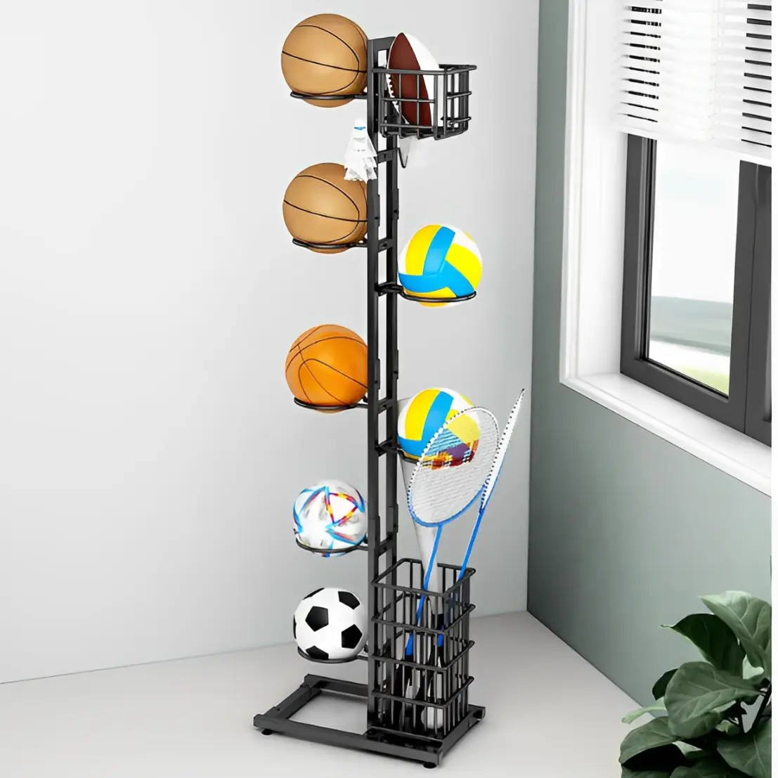 Suport metalic, 7 spatii pentru mingi, 2 cosuri, 2 carlige, organizator jucarii, palete si fluturasi badminton, negru, 40 x 19 x 155 cm [5]