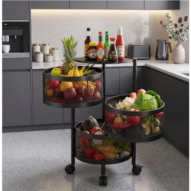Suport metalic cu roti, 3 cosuri rotative, o polita metalica, potrivita pentru organizare, depozitare, usor accesibila, mobila, Negru, 30 x 57 cm [4]